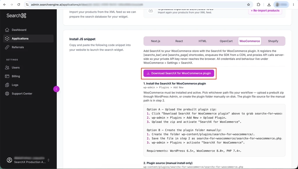 Integration Instructions in the SearchX admin with the WooCommerce tab selected