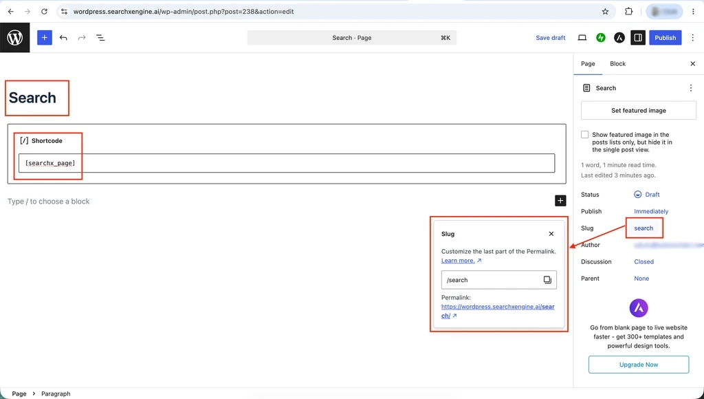 WordPress editor with the searchx_page shortcode