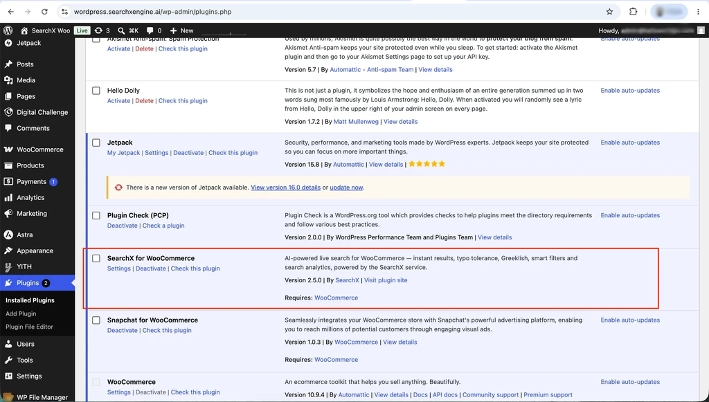 SearchX for WooCommerce active in the WordPress plugins list