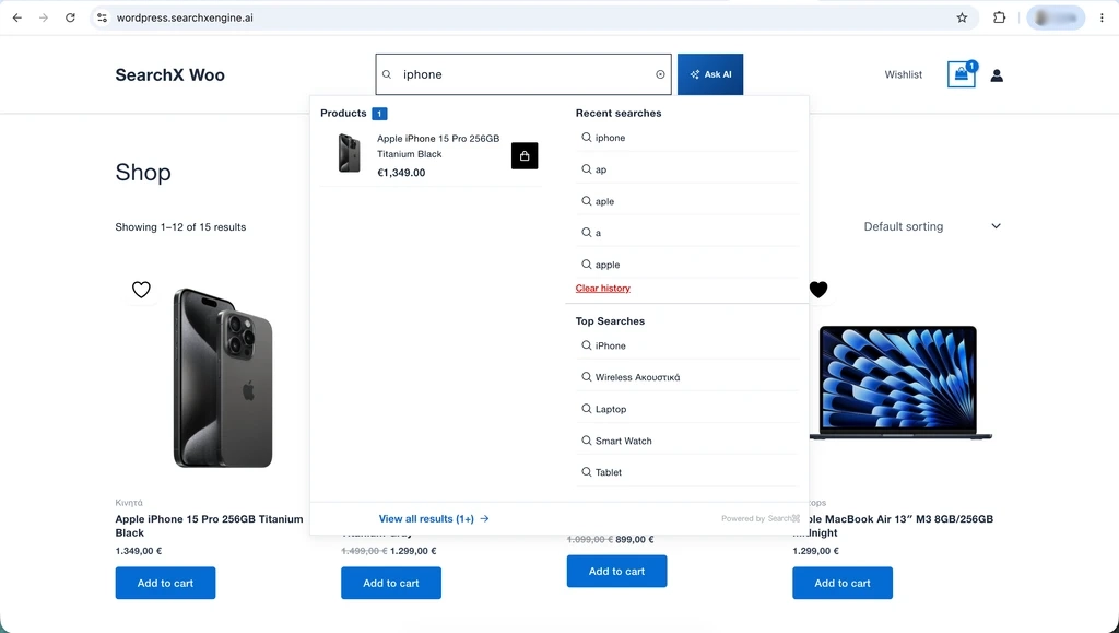 Instant results in the search popup