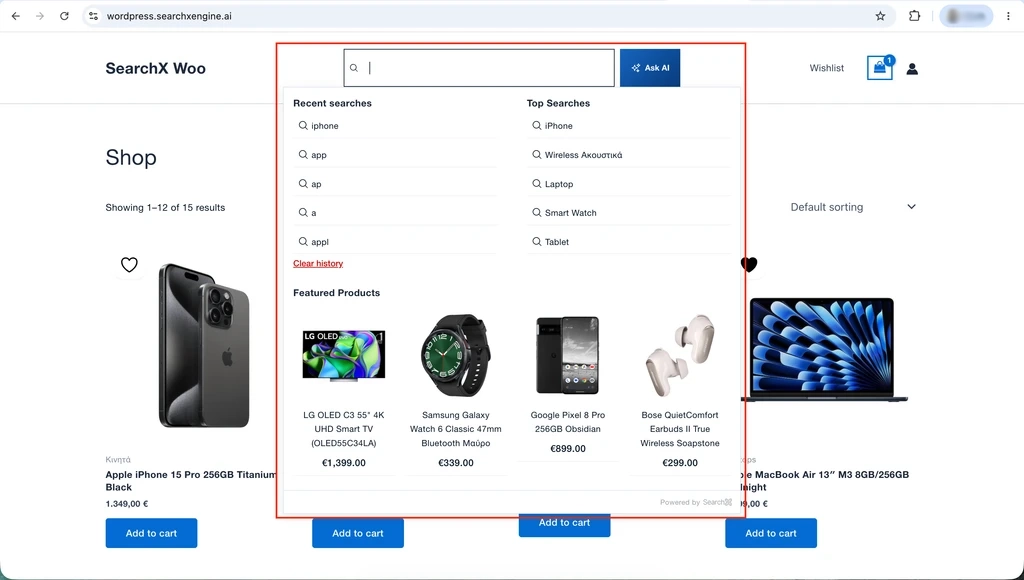Search popup with recent searches, top searches and featured products