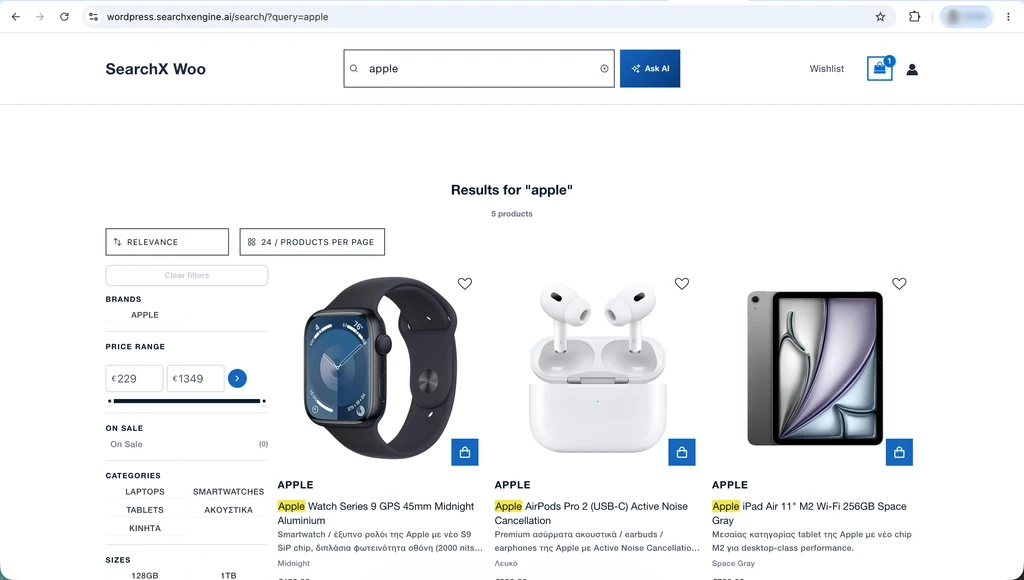 Search results with faceted filters