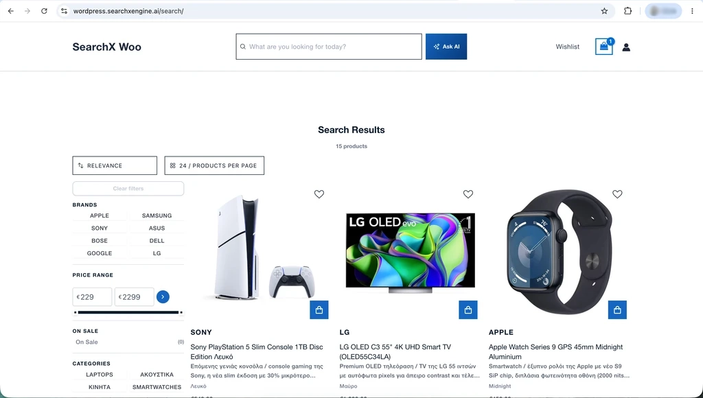 Published search results page with product grid and filters