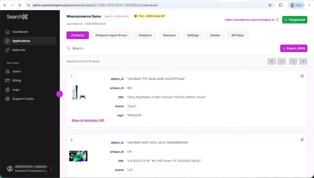 Imported catalog in the SearchX admin