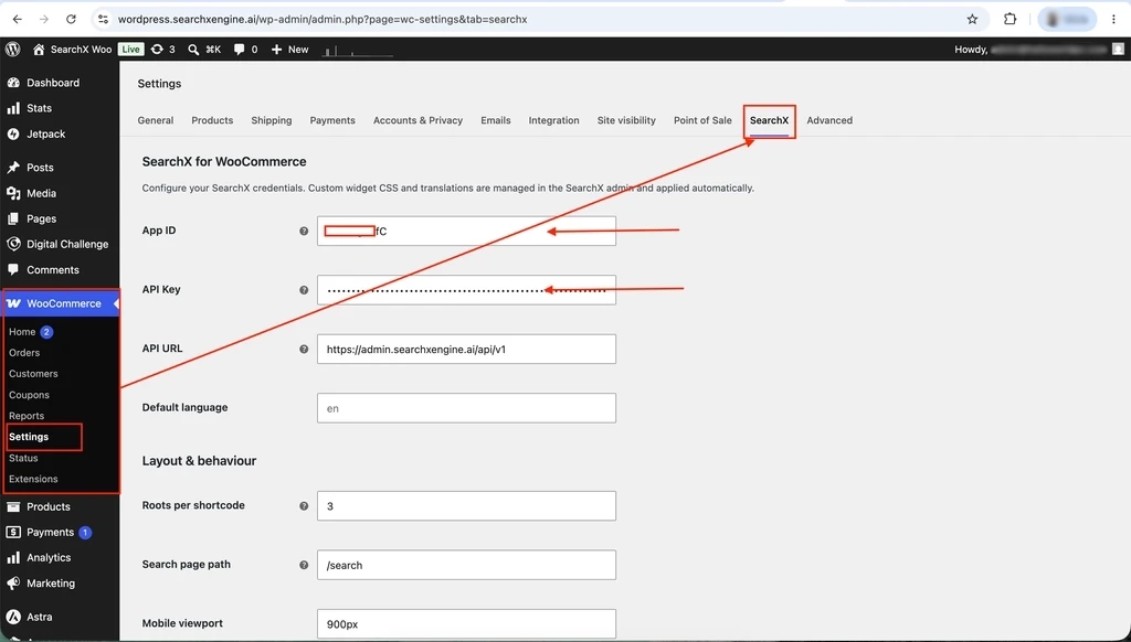 SearchX settings tab in WooCommerce with the credentials section