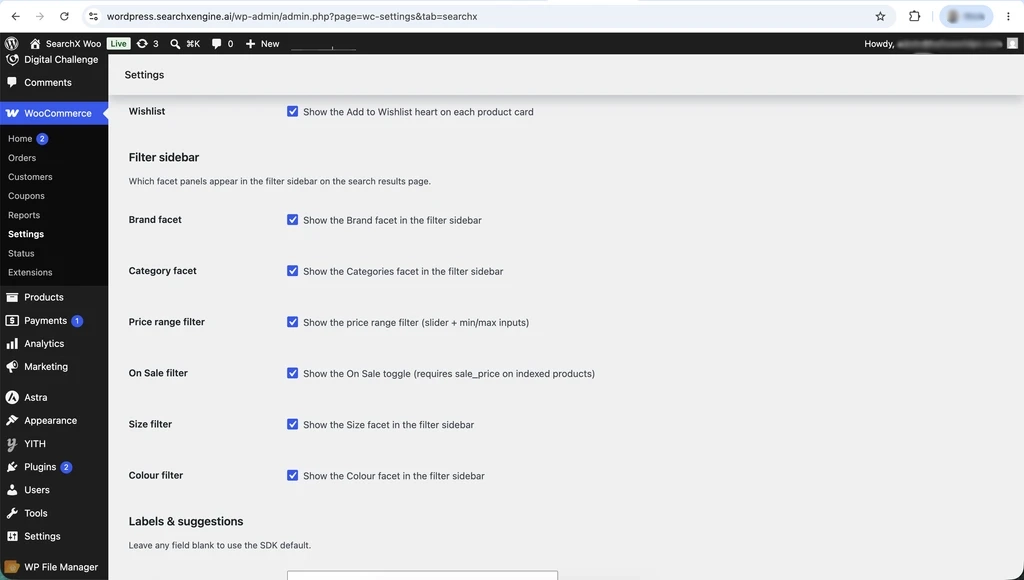 Filter sidebar settings