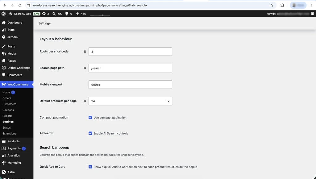 Layout and behaviour settings