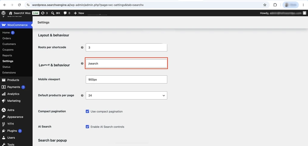 Search page path field in the SearchX settings