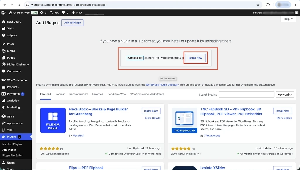 Uploading searchx-for-woocommerce.zip in WordPress