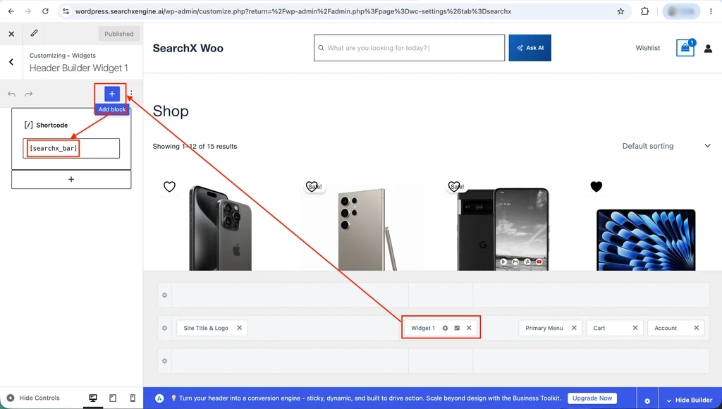 Adding the searchx_bar shortcode in a header widget area