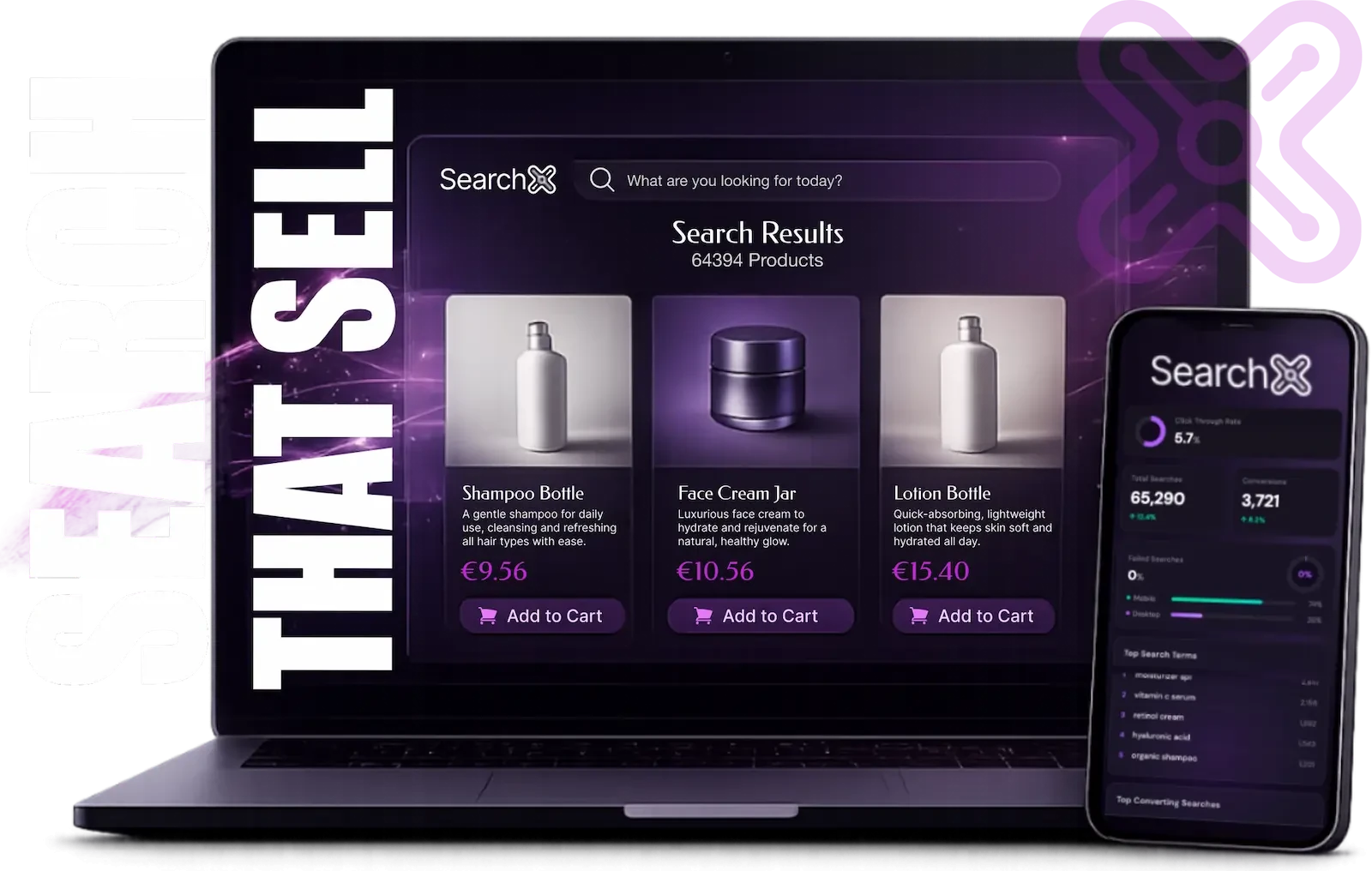 Το AI-powered interface αναζήτησης του SearchX με autocomplete, φίλτρα και αποτελέσματα προϊόντων για e-commerce καταστήματα